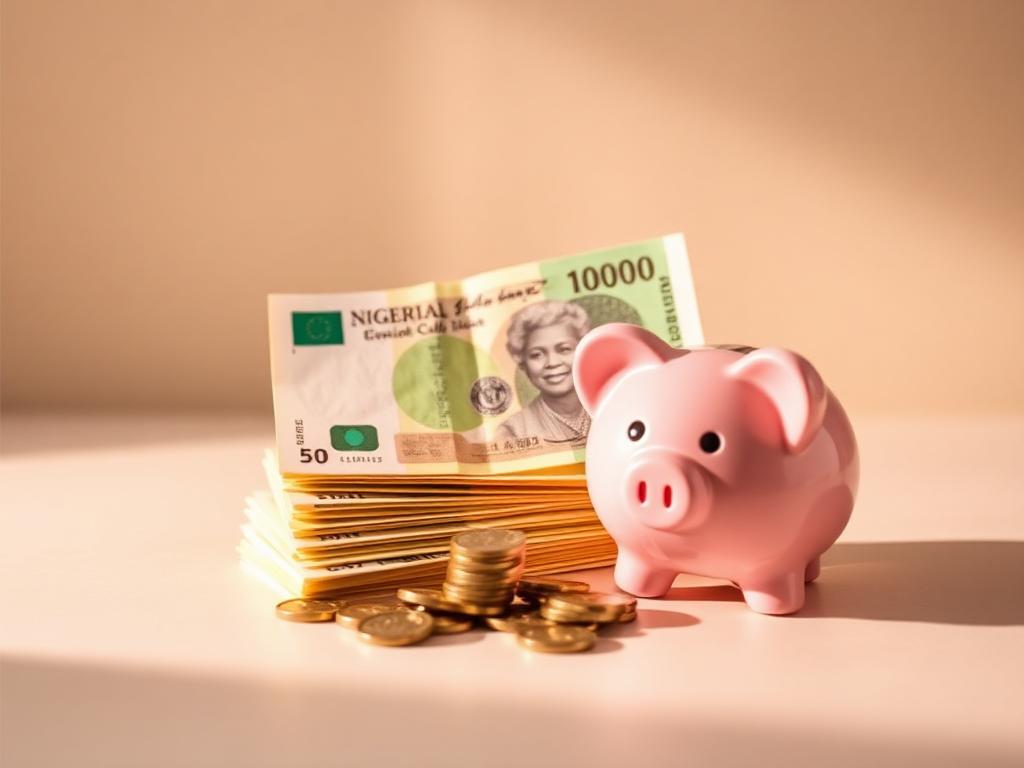 Nigerian coins and piggy bank for savings