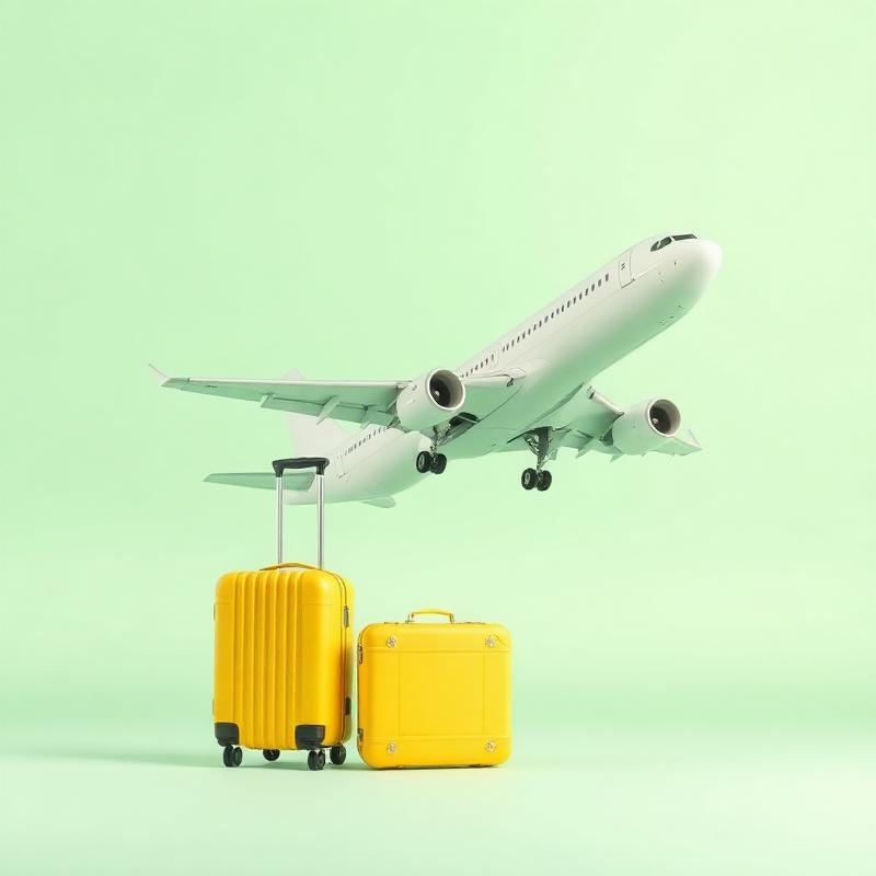 Aeroplane taking off above yellow suitcases